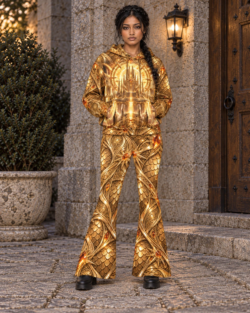 Matching outfit: Full-length model wearing Solar Siren flare leggings styled with Solar Siren Hoodie.