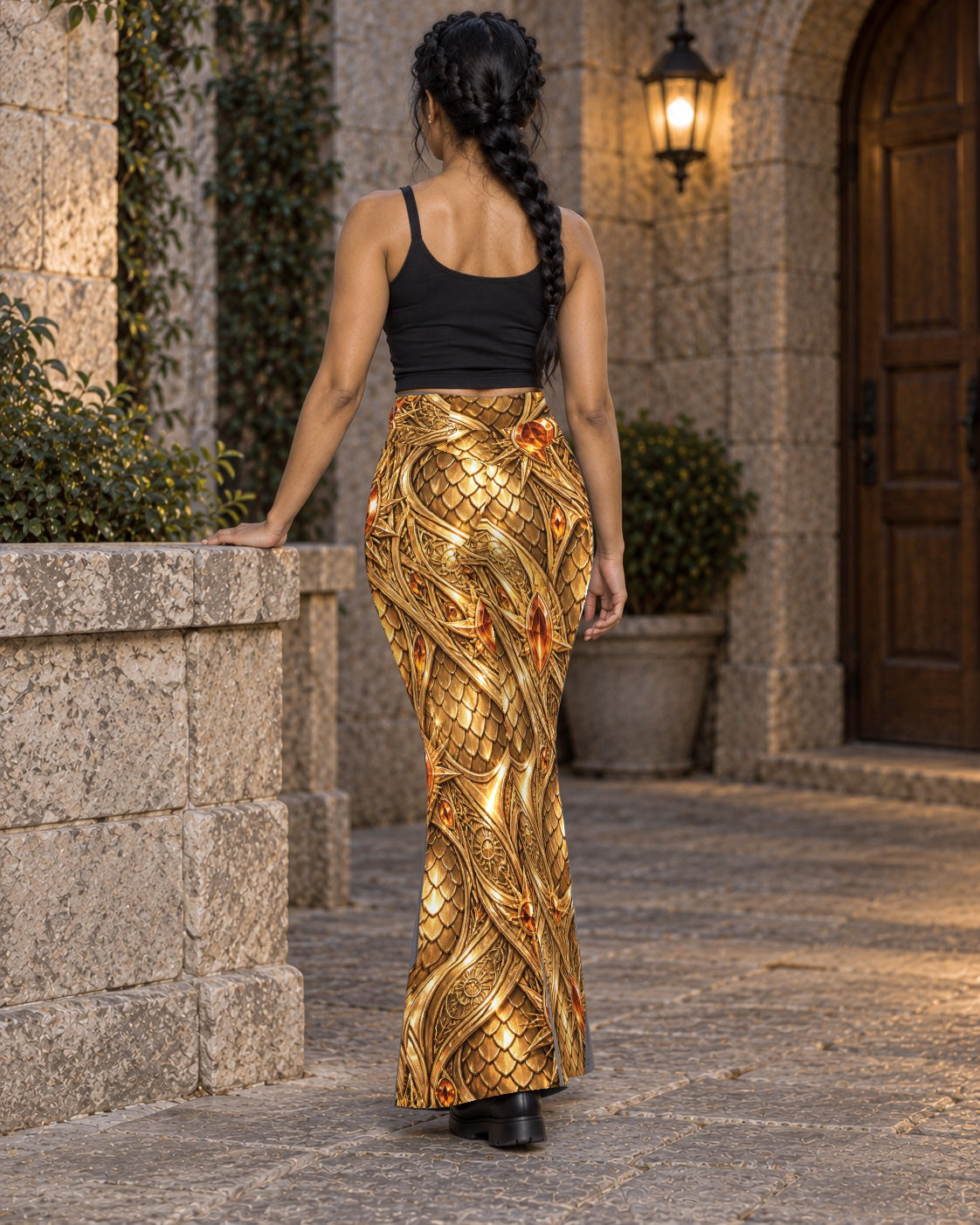 Solar Siren Terrain Flare Leggings, worn on model, back
