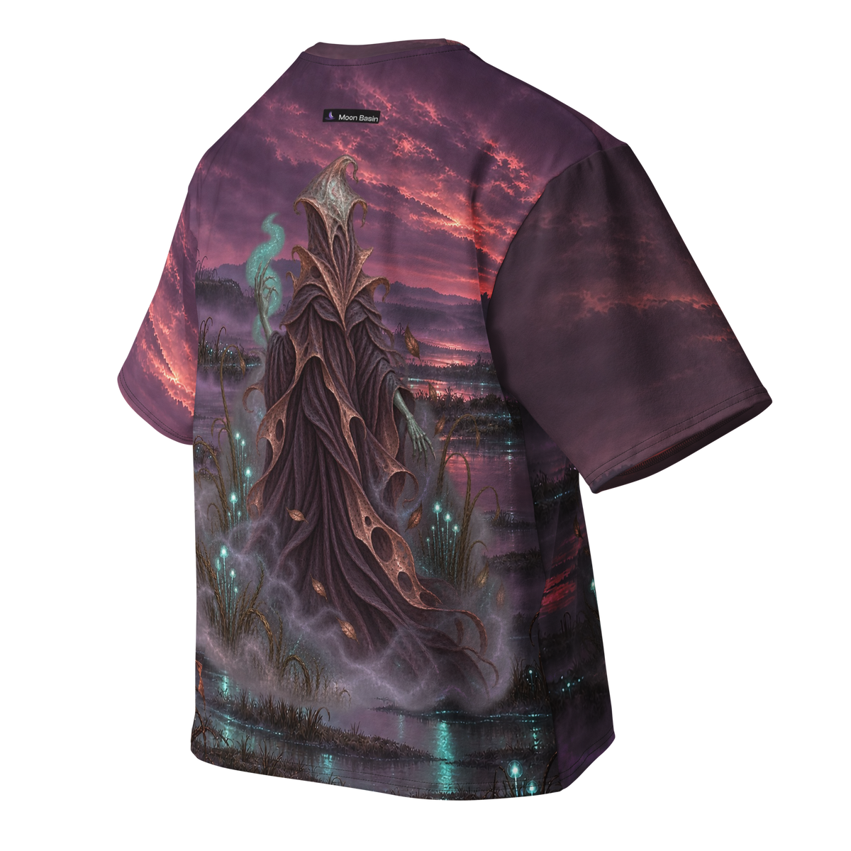 Veil Witch all-over print oversized tee, back with Moon Basin nape mark