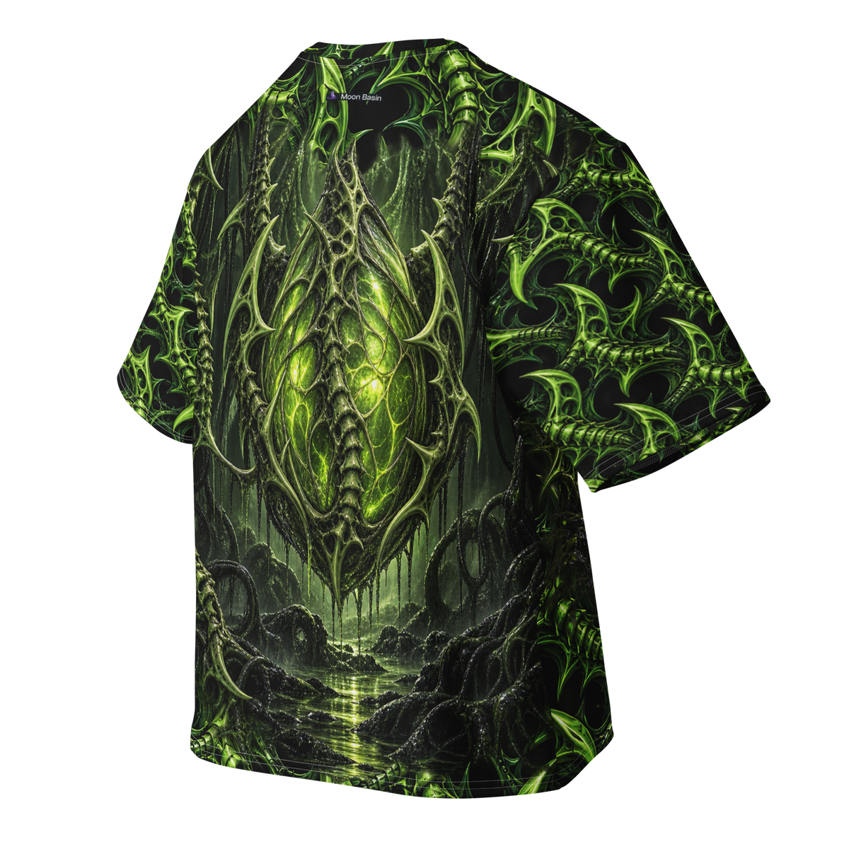 Venom Lace all-over print oversized tee, back ghost view with Moon Basin mark at the nape