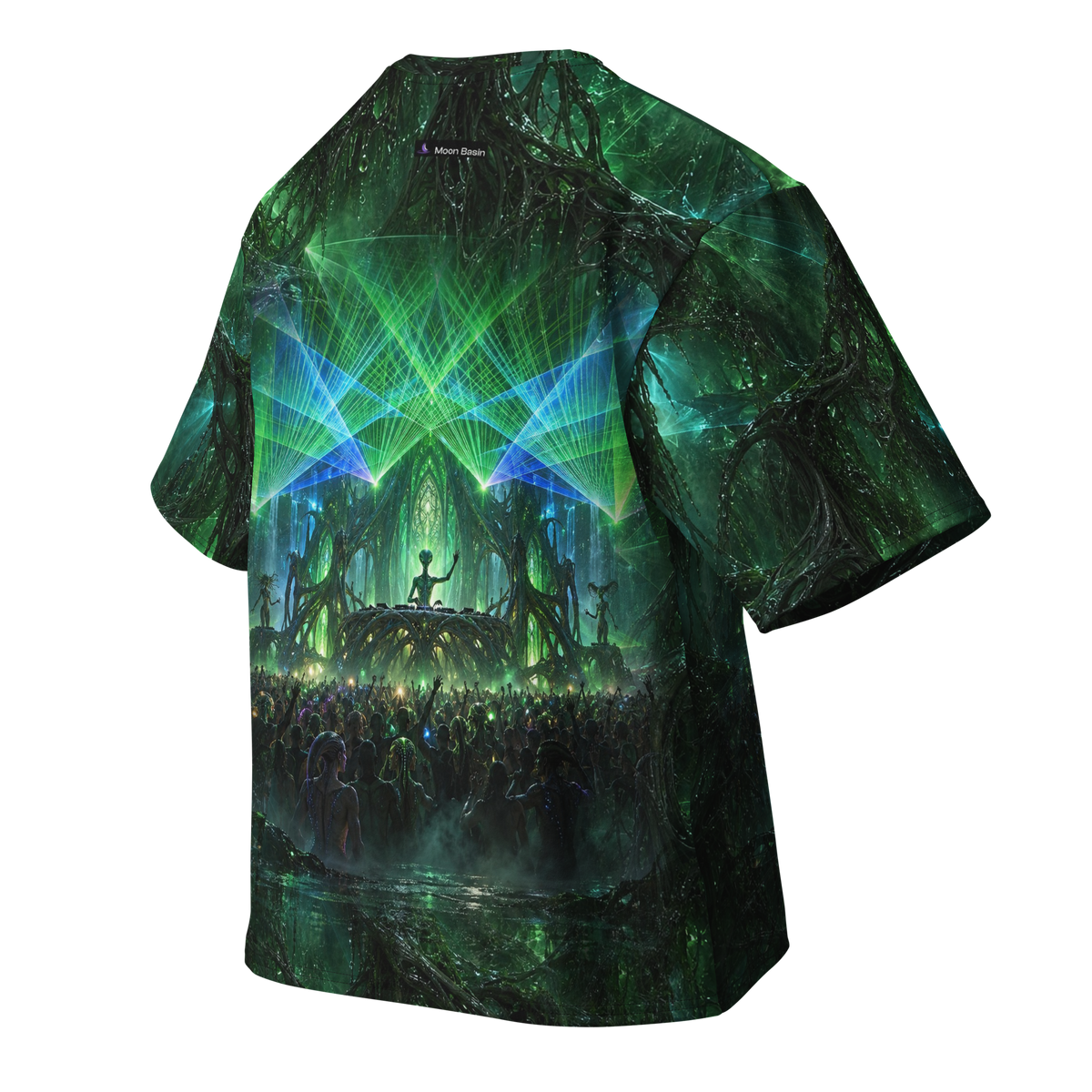 Verdant Frequency all-over print oversized tee, back with Moon Basin nape mark