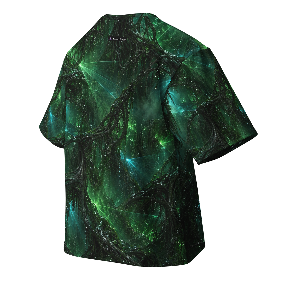 Verdant Frequency Terrain all-over print oversized tee, back with Moon Basin nape mark