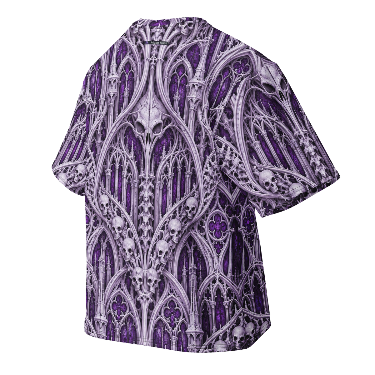 Violet Catacomb Lavender Terrain all-over print oversized tee, back with Moon Basin nape mark