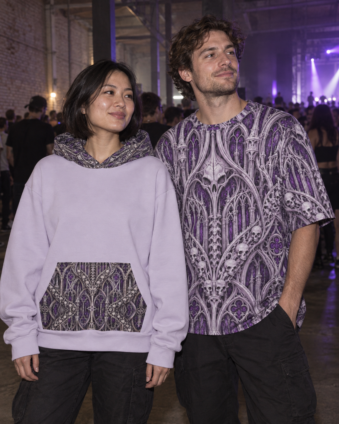 Violet Catacomb Lavender Terrain, oversized tee worn at a night event (AI lifestyle visualization)