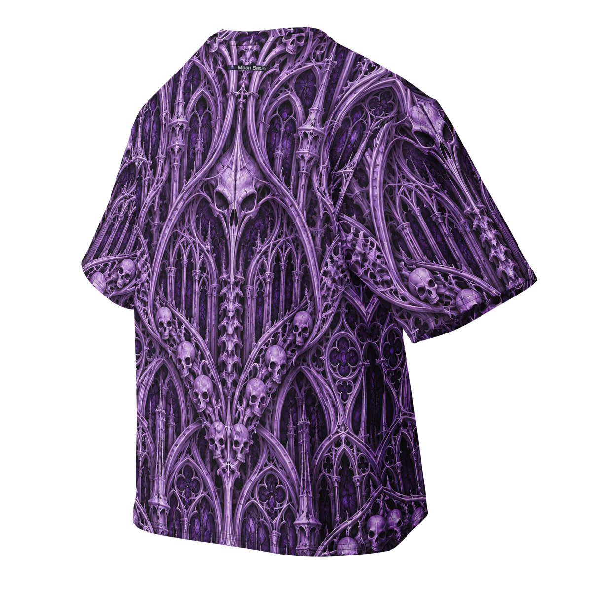 Violet Catacomb Orchid Terrain all-over print oversized tee, back with Moon Basin nape mark