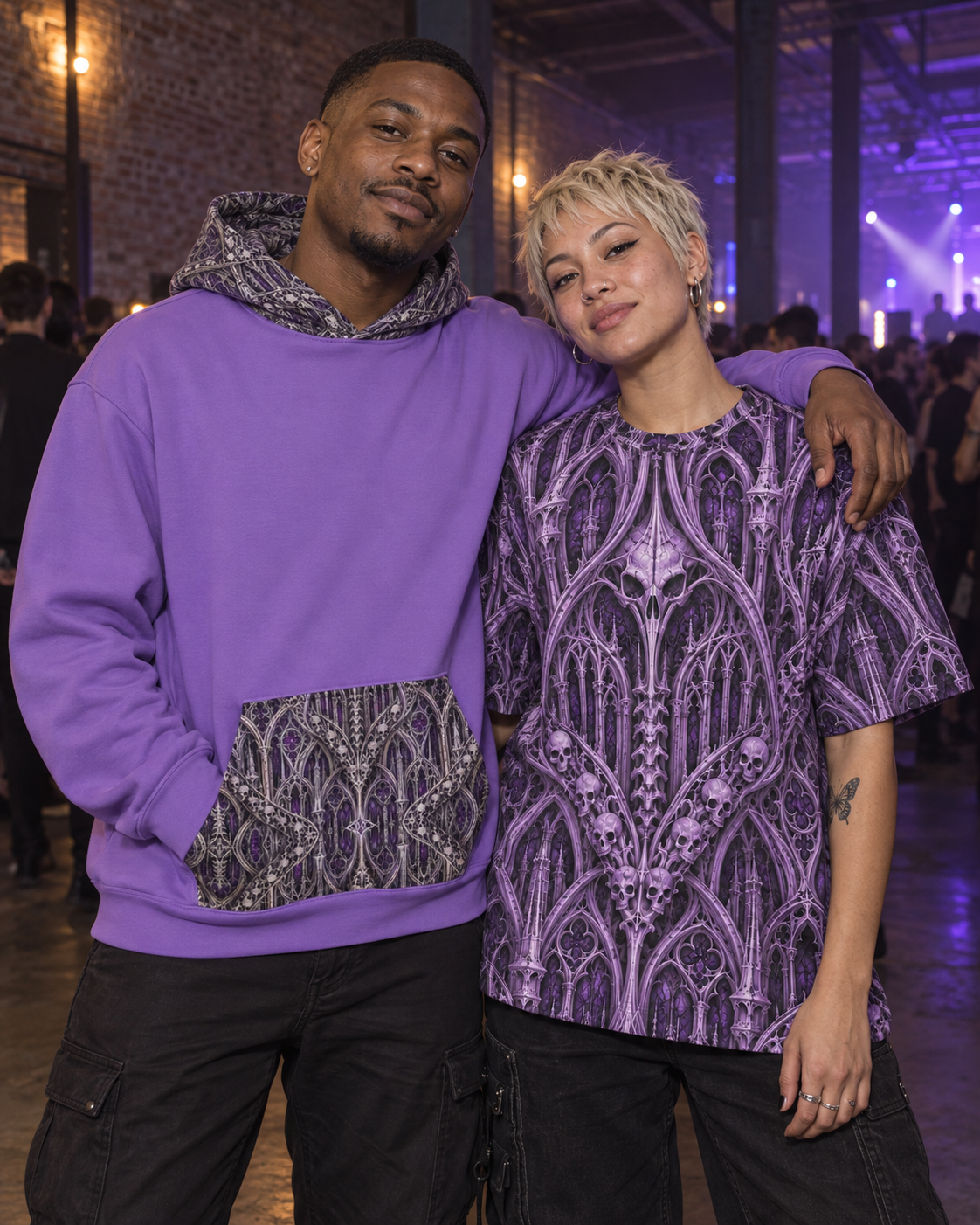 Violet Catacomb Orchid Terrain, oversized tee worn at a night event (AI lifestyle visualization)