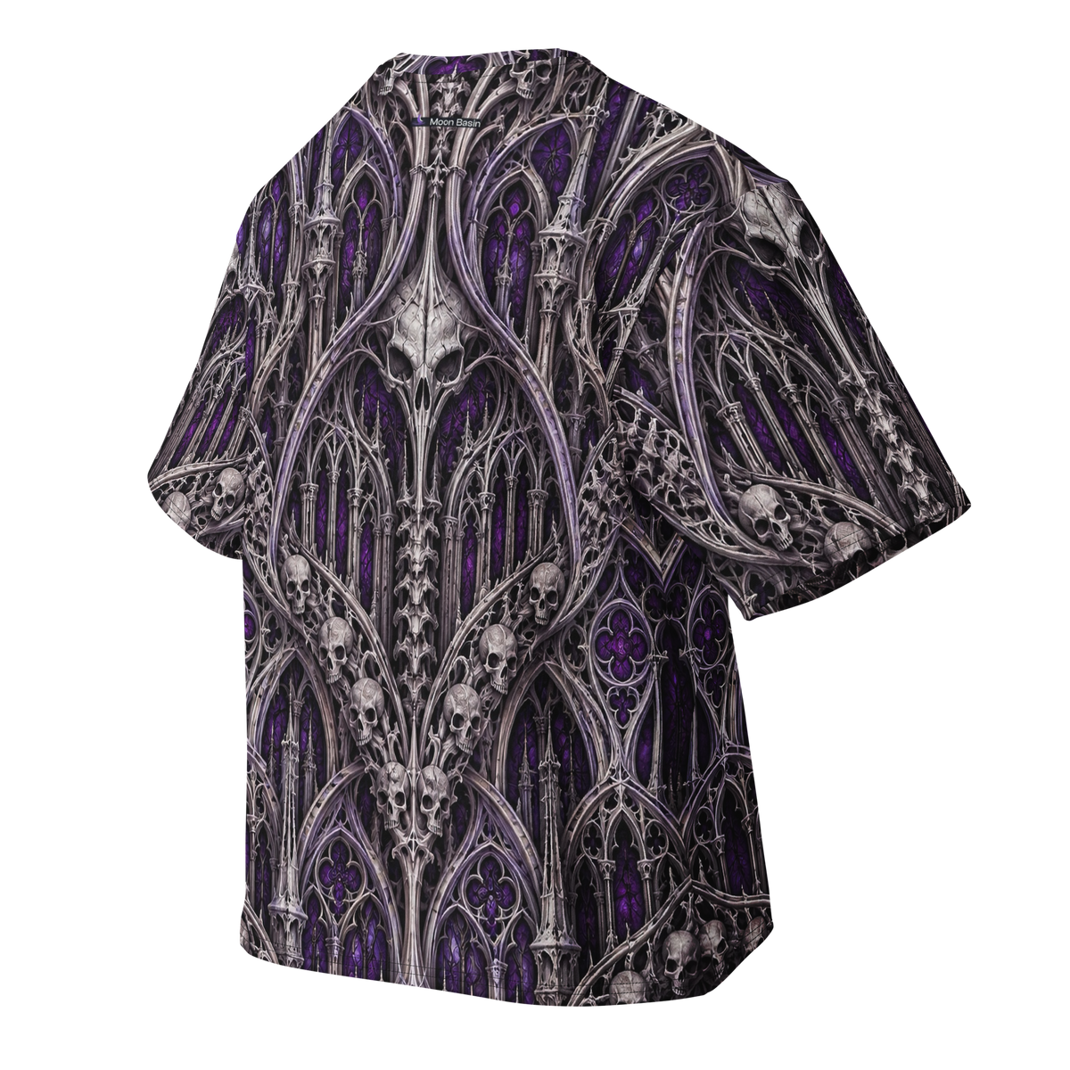 Violet Catacomb Terrain all-over print oversized tee, back with Moon Basin nape mark