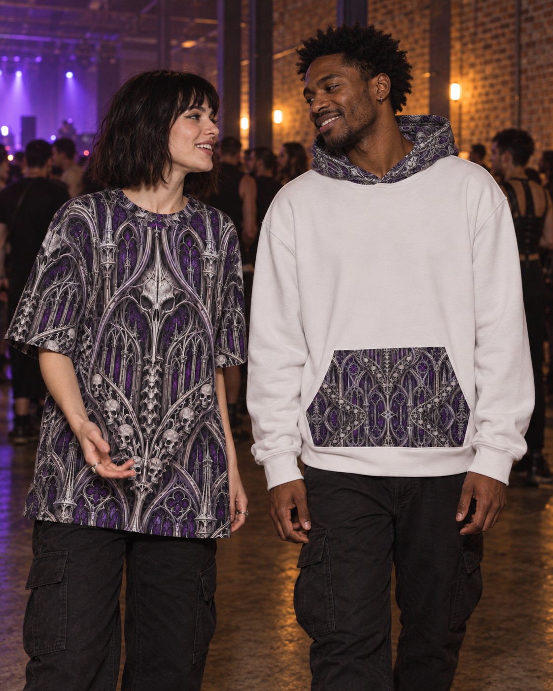 Violet Catacomb Terrain, oversized tee worn at a night event (AI lifestyle visualization)