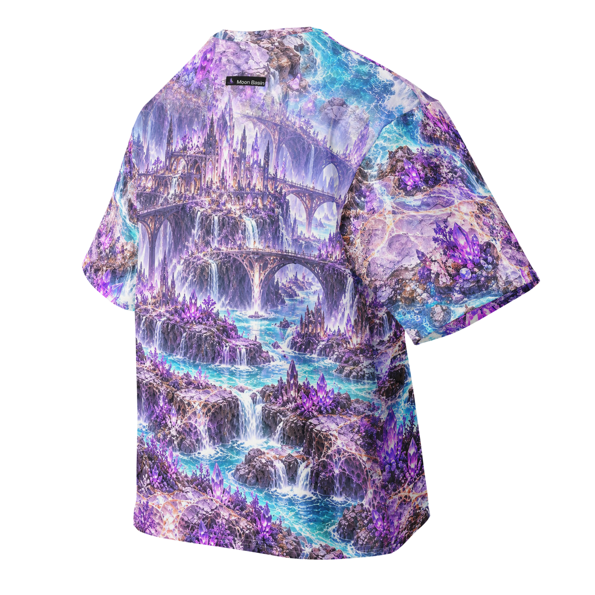 Violet Crystal Expanse all-over print oversized tee, back with Moon Basin nape mark