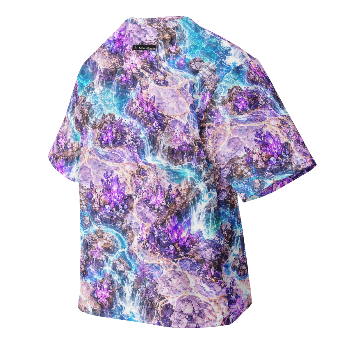 Violet Crystal Expanse Terrain all-over print oversized tee, back with Moon Basin nape mark