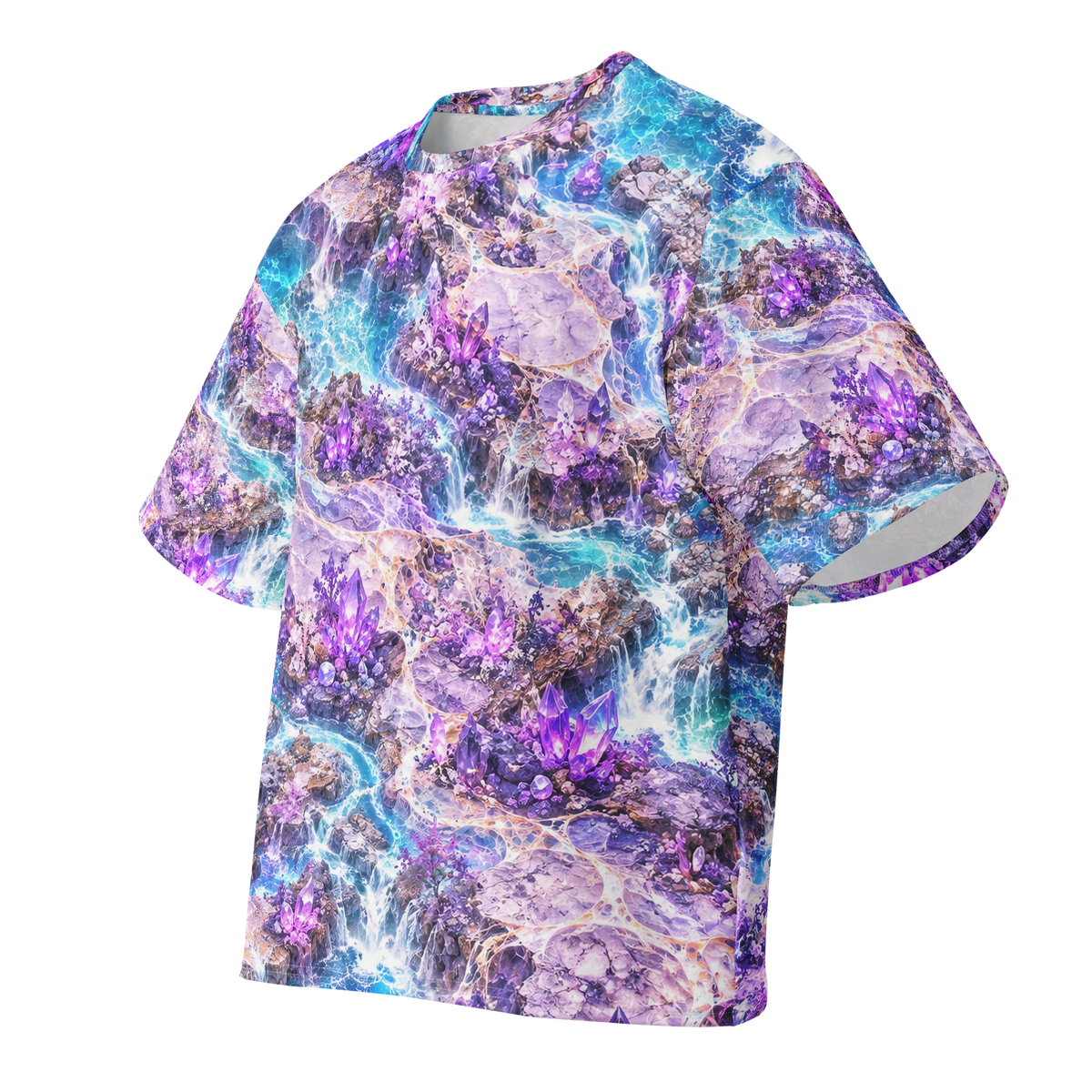 Violet Crystal Expanse Terrain all-over print oversized tee, front