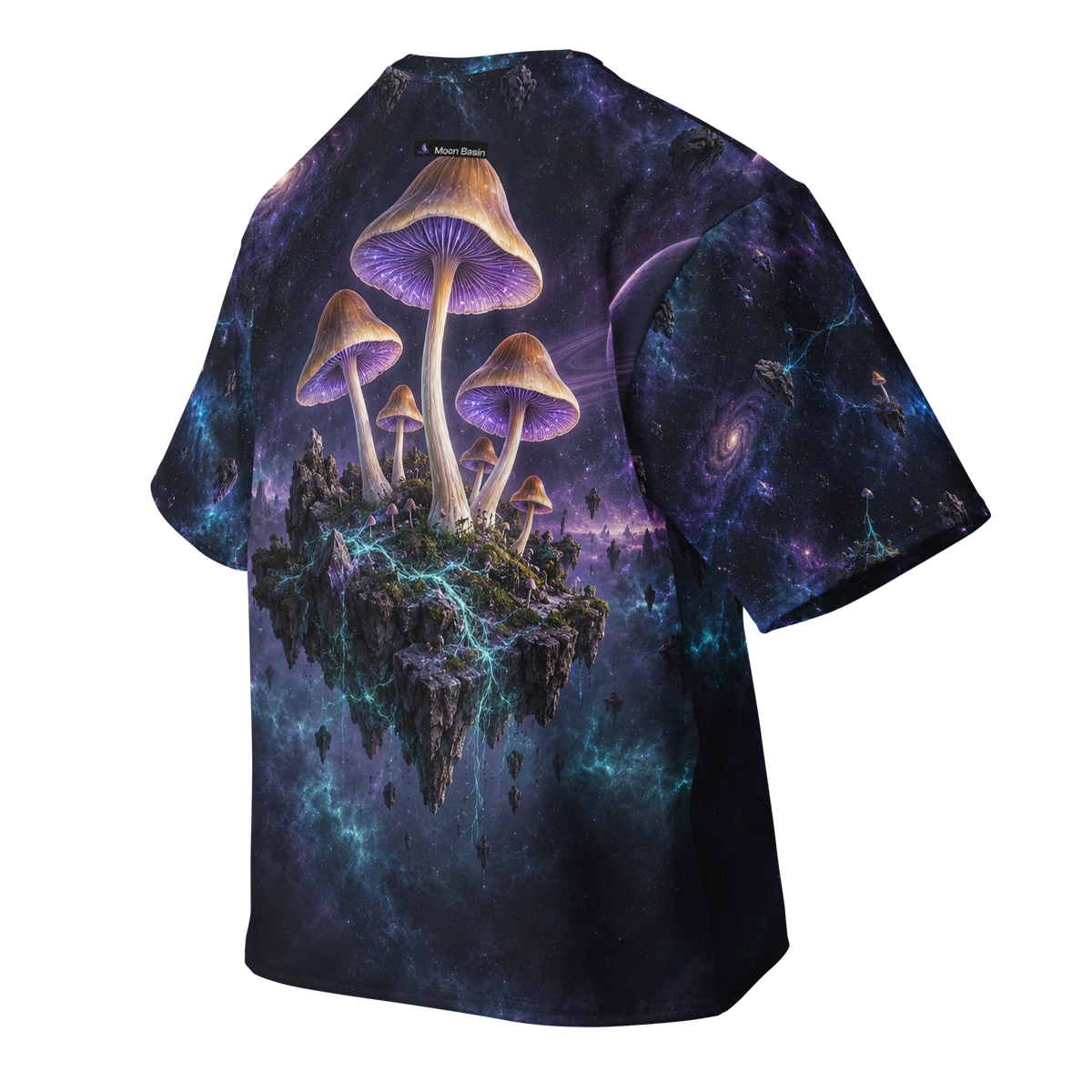 Violet Spore Temple all-over print oversized tee, back with Moon Basin nape mark