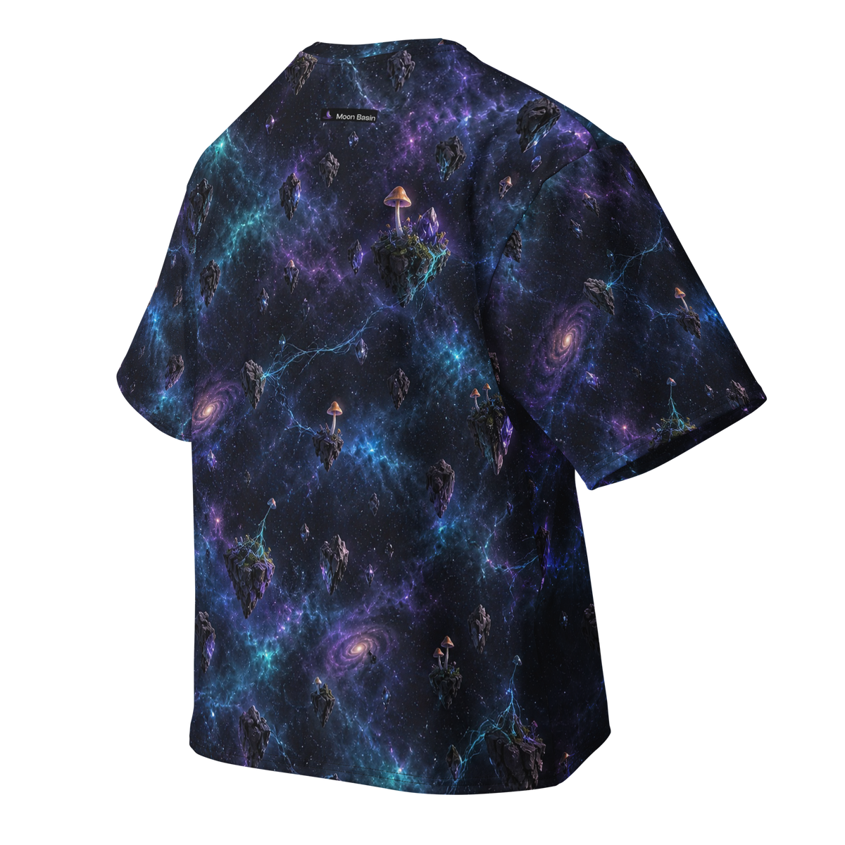Violet Spore Temple Terrain all-over print oversized tee, back with Moon Basin nape mark