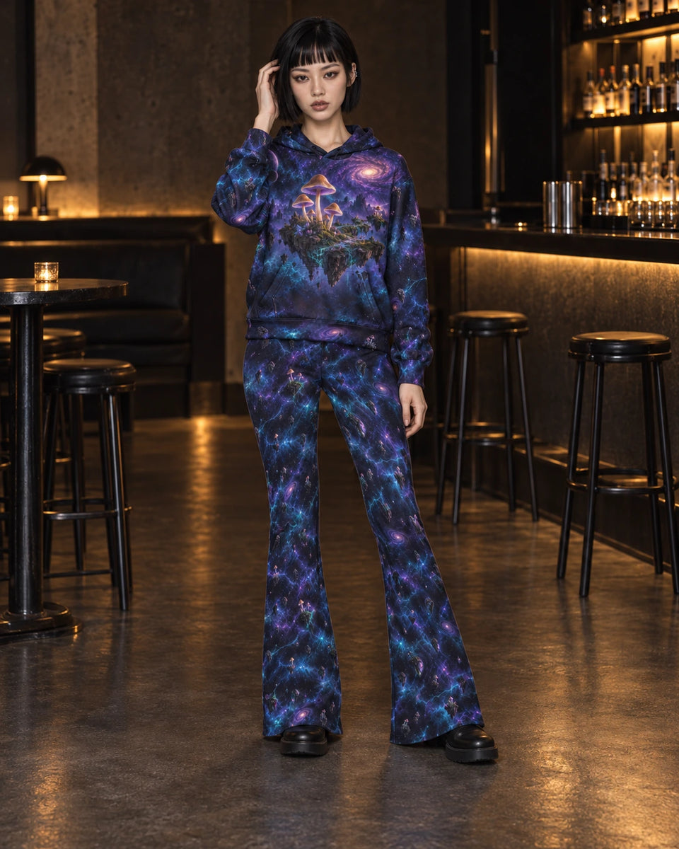 Matching outfit: Full-length model wearing Violet Spore Temple flare leggings styled with Violet Spore Temple Hoodie.