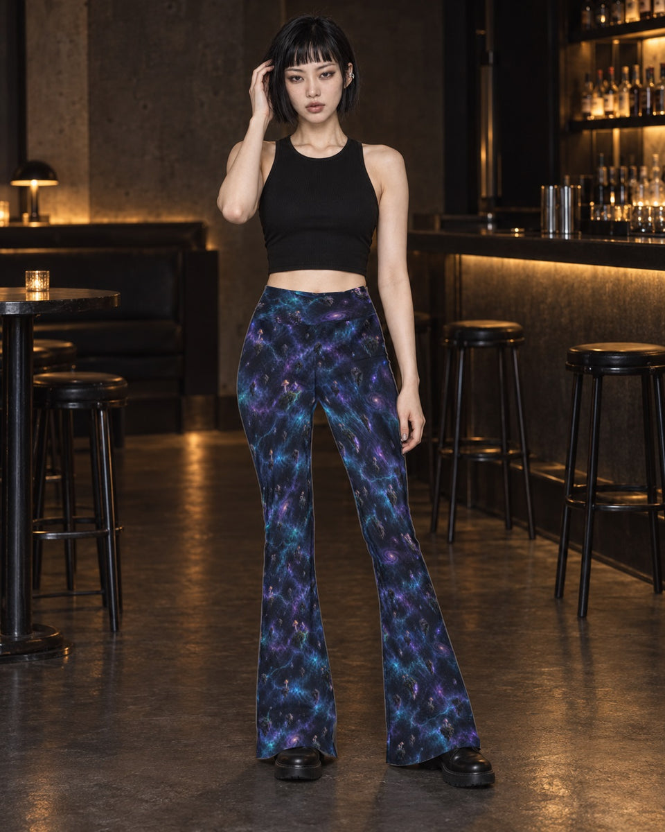 Violet Spore Temple Terrain Flare Leggings, worn on model, front