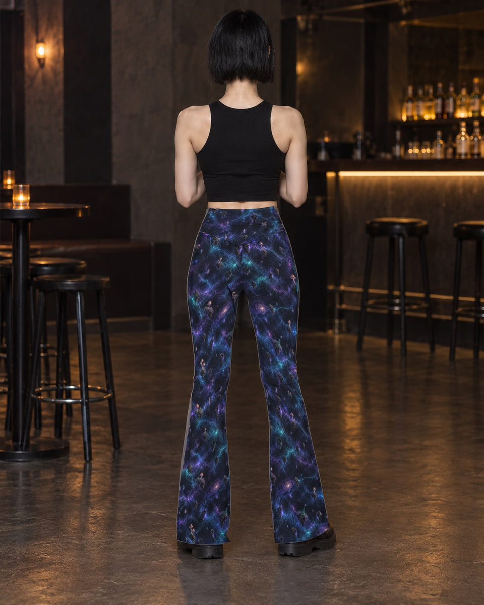 Violet Spore Temple Terrain Flare Leggings, worn on model, back