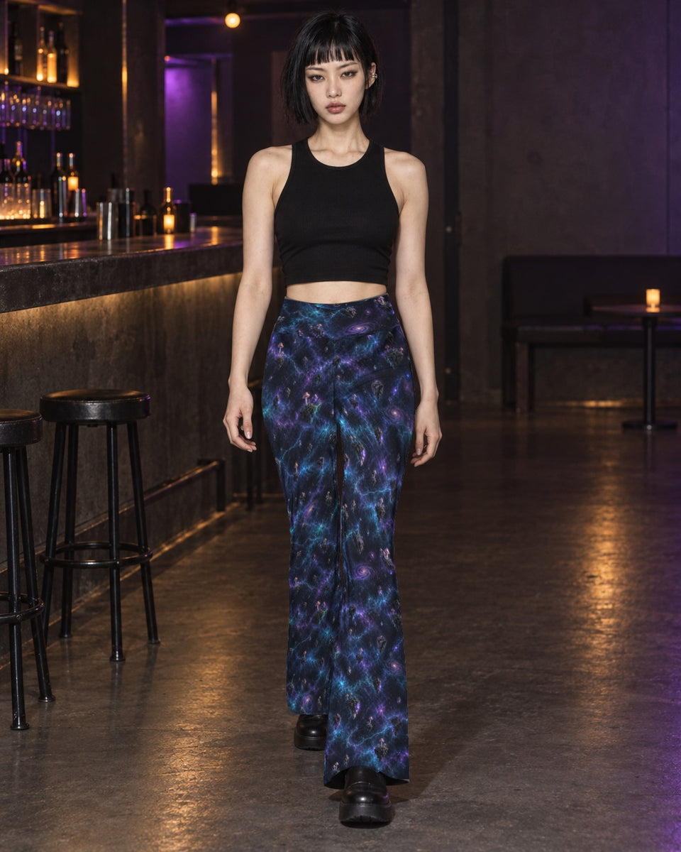 Violet Spore Temple Terrain Flare Leggings, worn on model, in motion