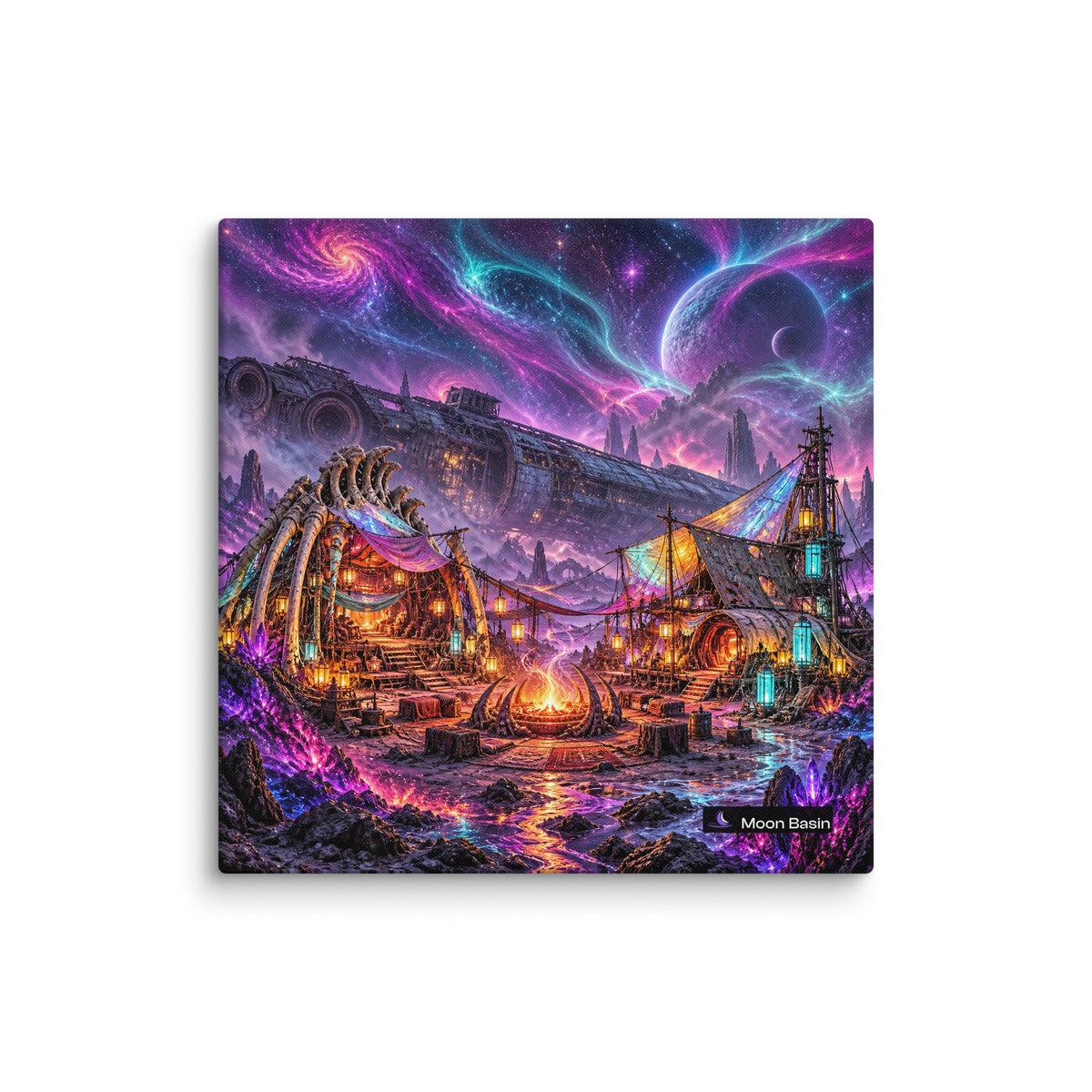 Neon Exile Camp canvas print, 20 by 20 inch, on a white wall