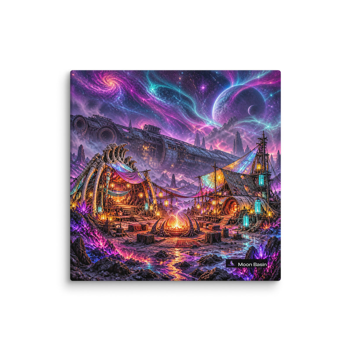 Neon Exile Camp canvas print, 30 by 30 inch, on a white wall