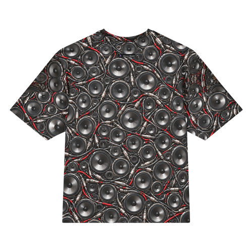 Woofer Rash all over print oversized tee, back view, Moon Basin mark at the nape