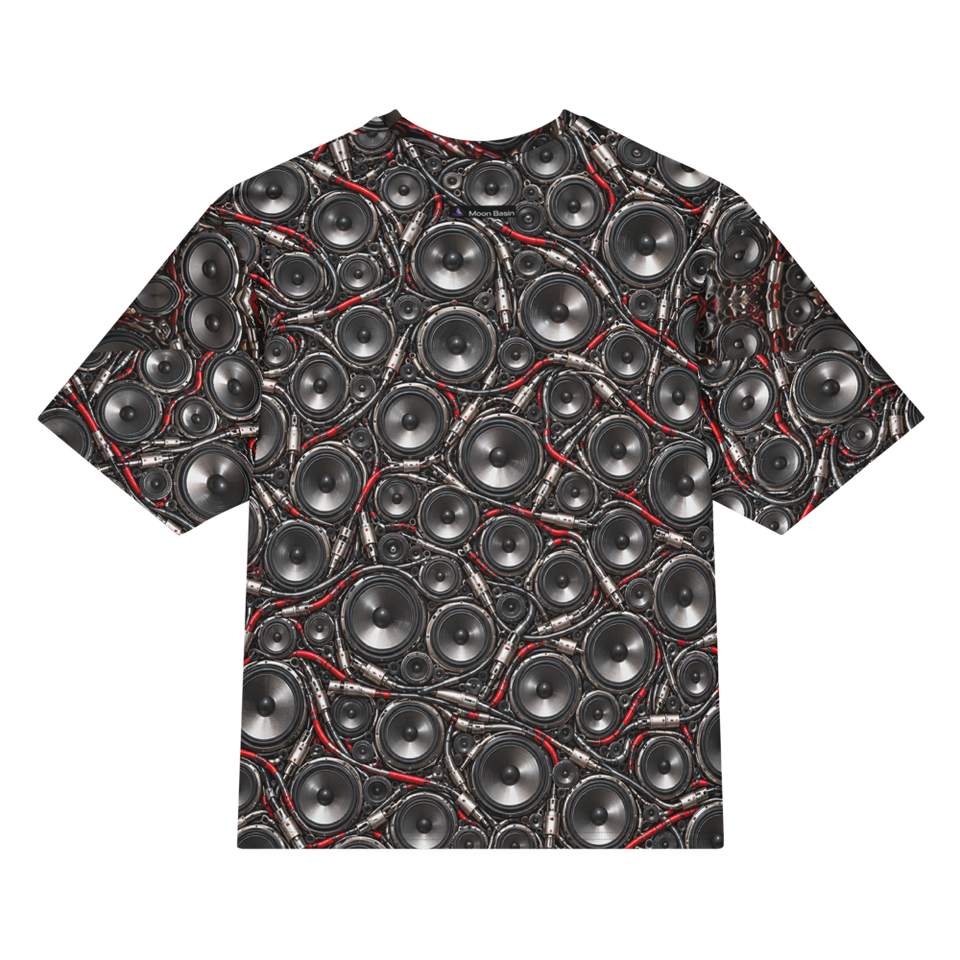 Woofer Rash all over print oversized tee, back view, Moon Basin mark at the nape
