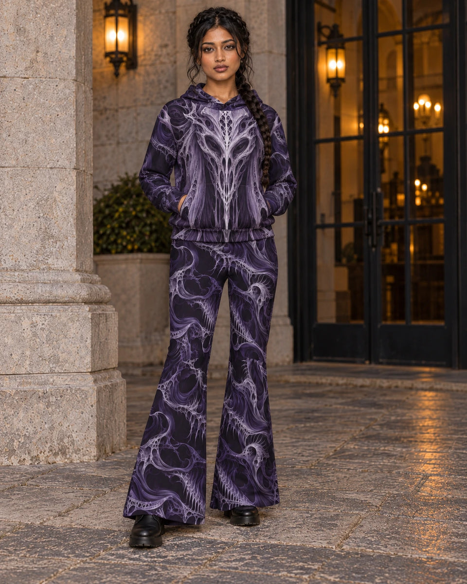 Matching outfit: Full-length model wearing Wraithskin Violet flare leggings styled with Wraithskin Violet Hoodie.