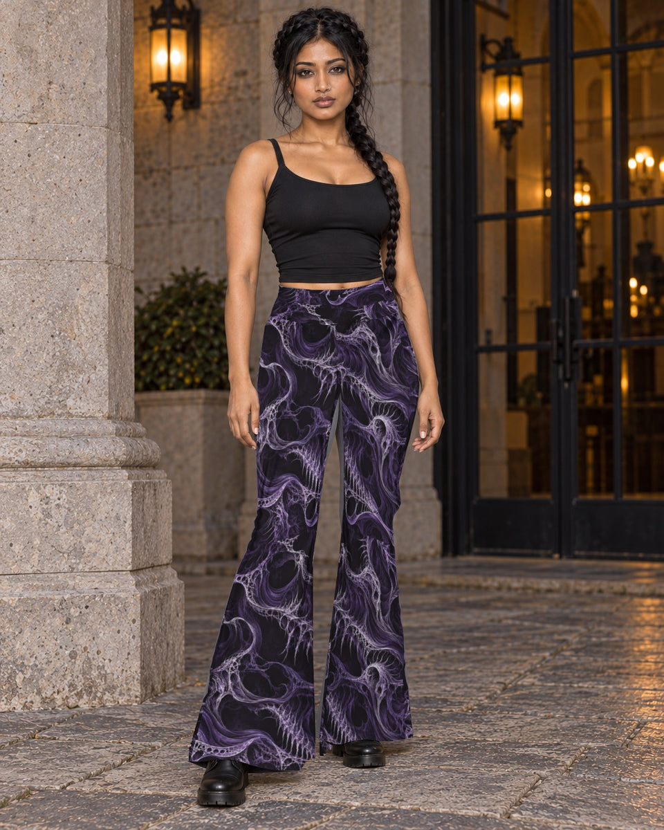 Wraithskin Violet Terrain Flare Leggings, worn on model, front