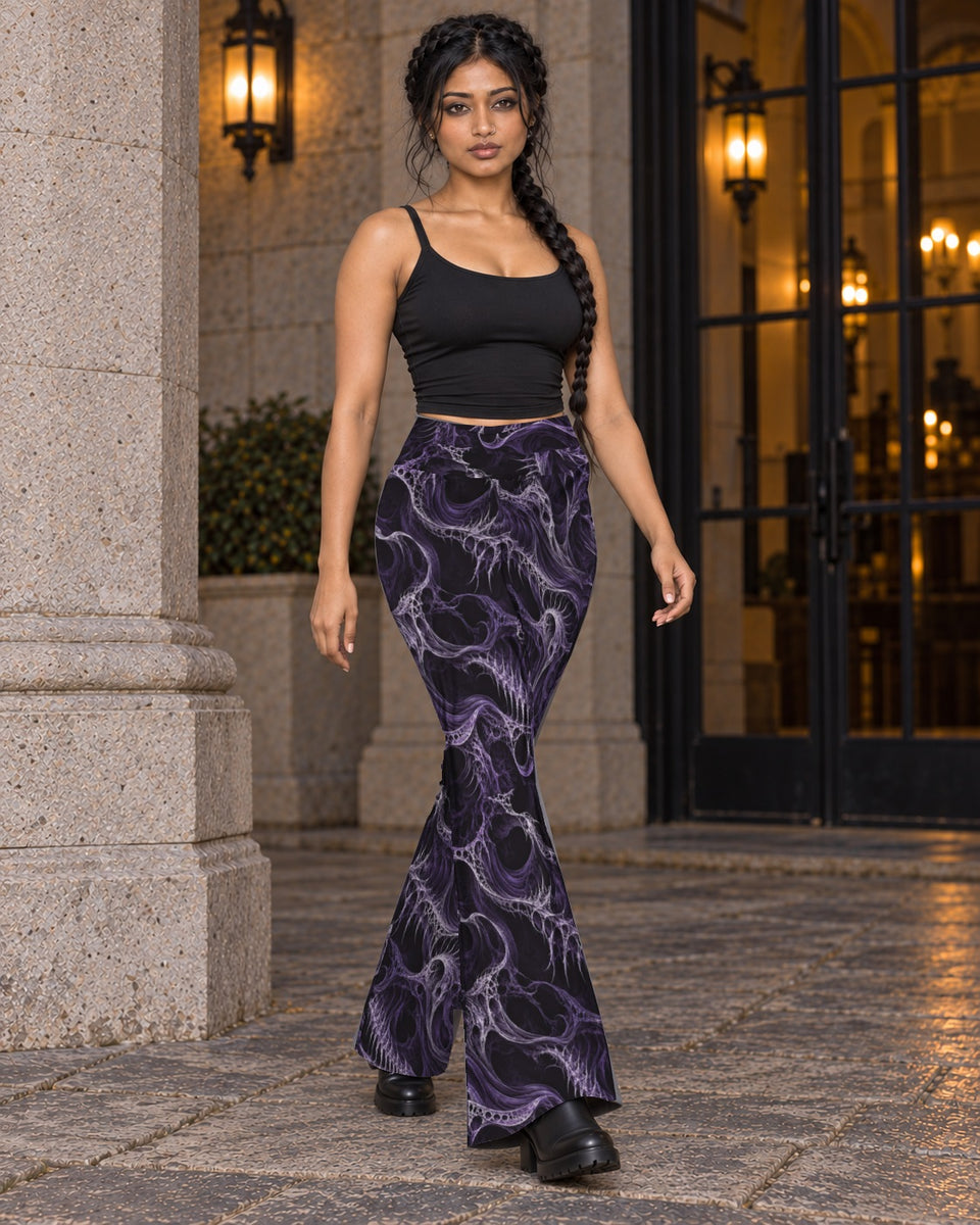Wraithskin Violet Terrain Flare Leggings, worn on model, in motion