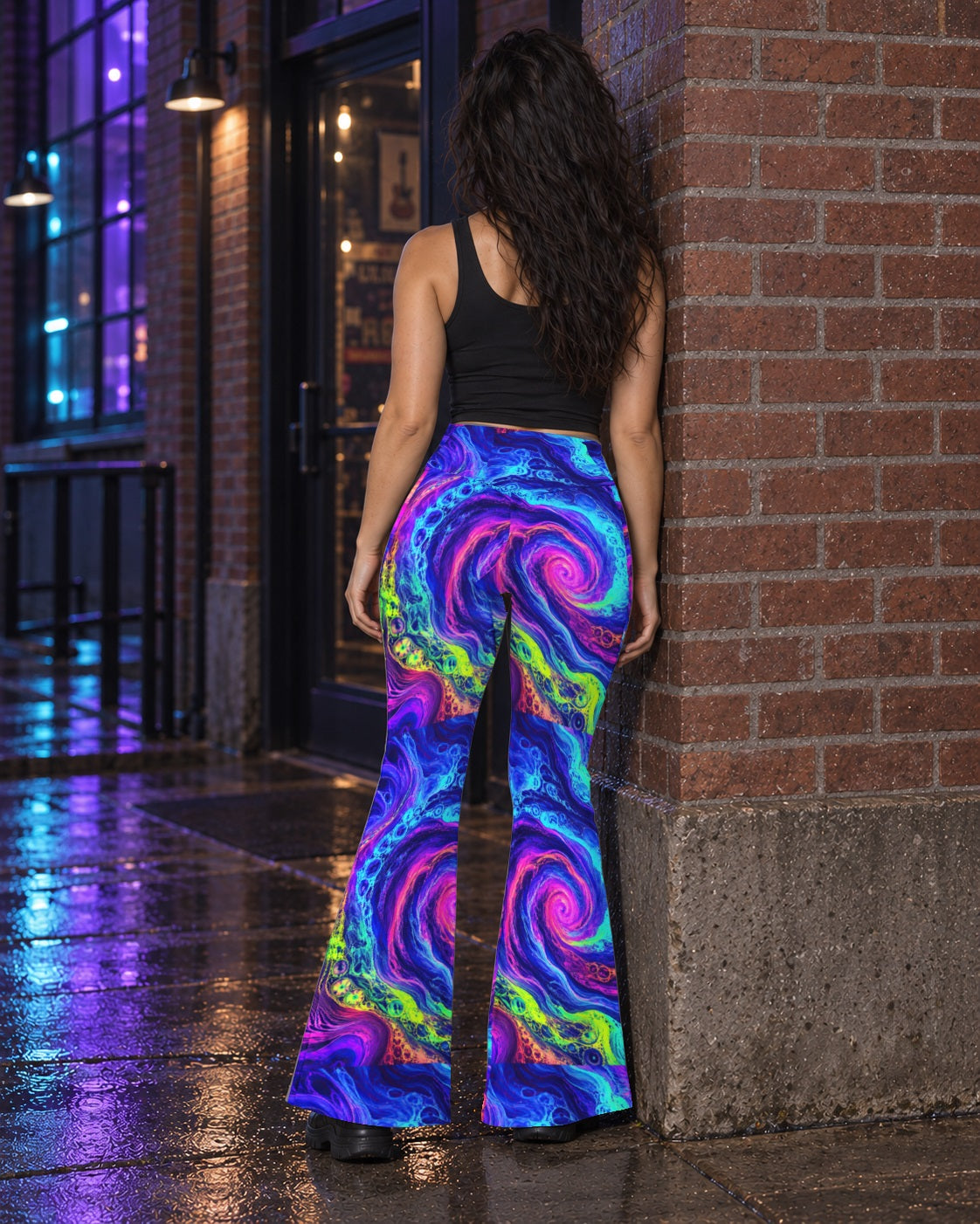 Xenobloom Chroma Vortex Terrain Flare Leggings, worn on model, back