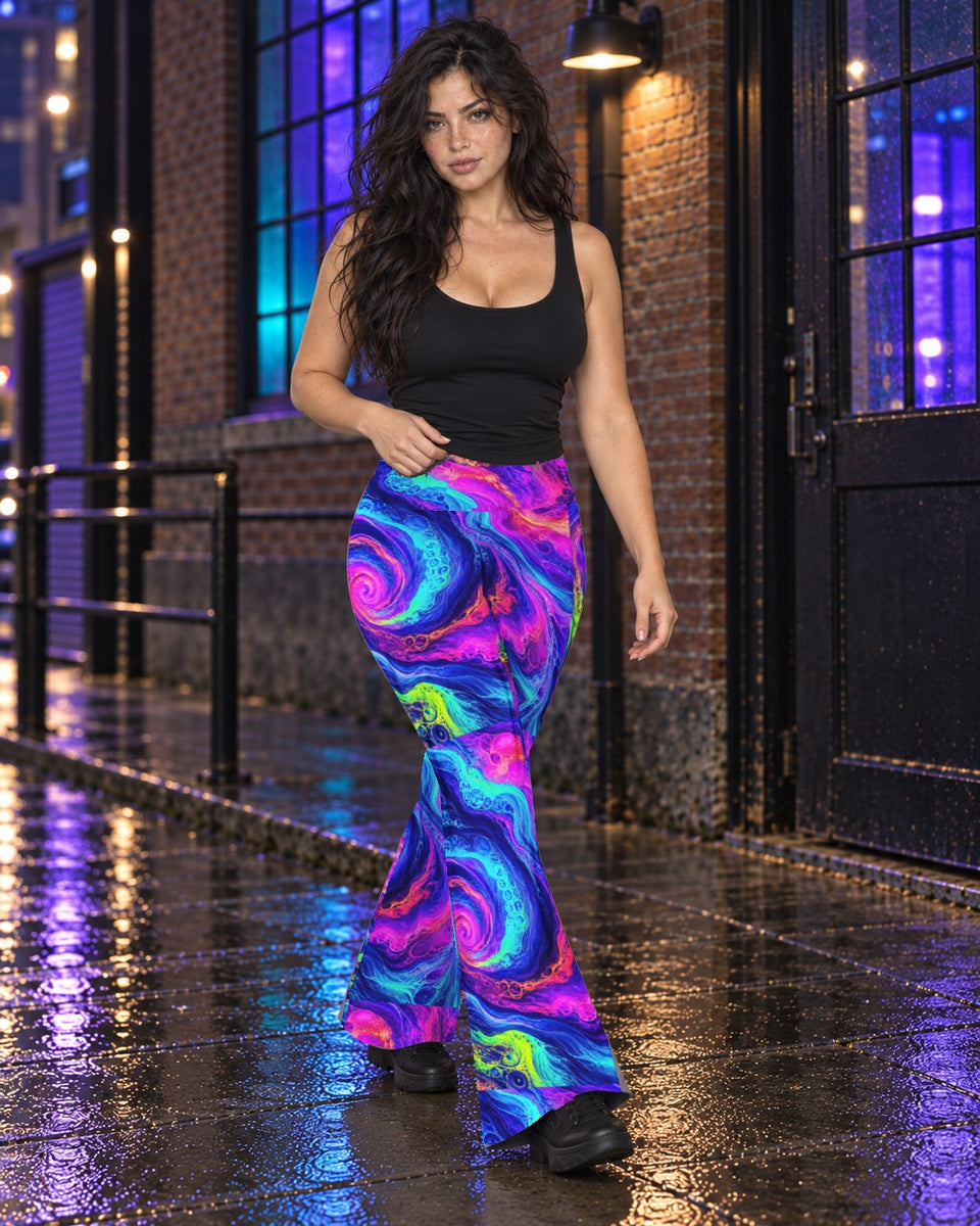 Xenobloom Chroma Vortex Terrain Flare Leggings, worn on model, in motion