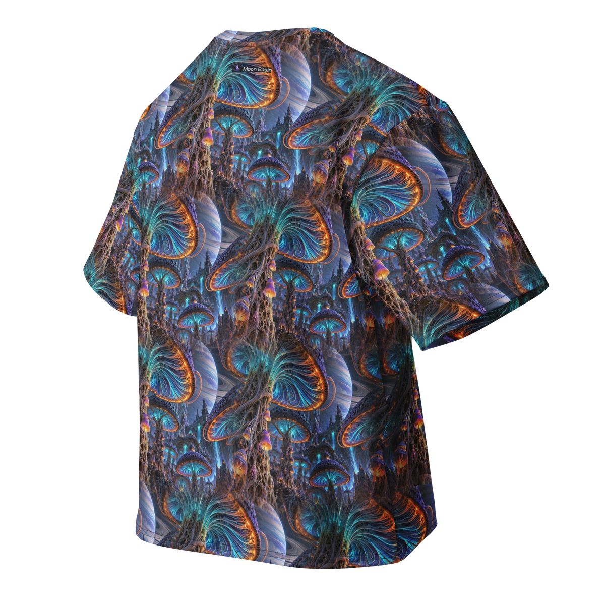 Xenospore Orbit Blue Terrain all-over print oversized tee, back with Moon Basin nape mark