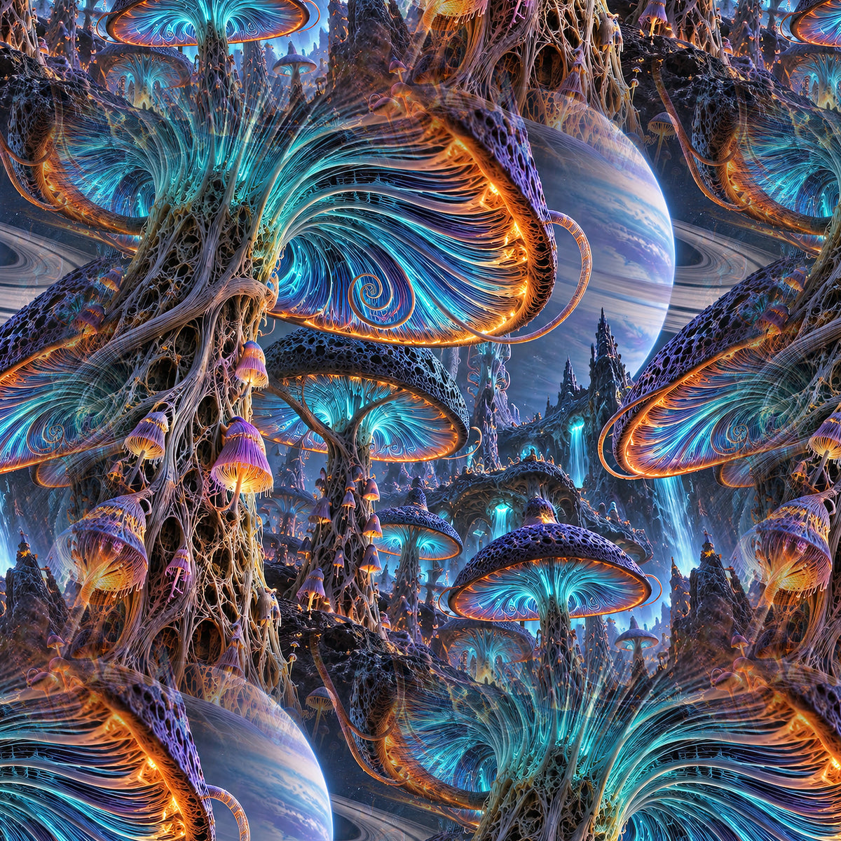Xenospore Orbit Blue Terrain all-over print oversized tee fabric close-up