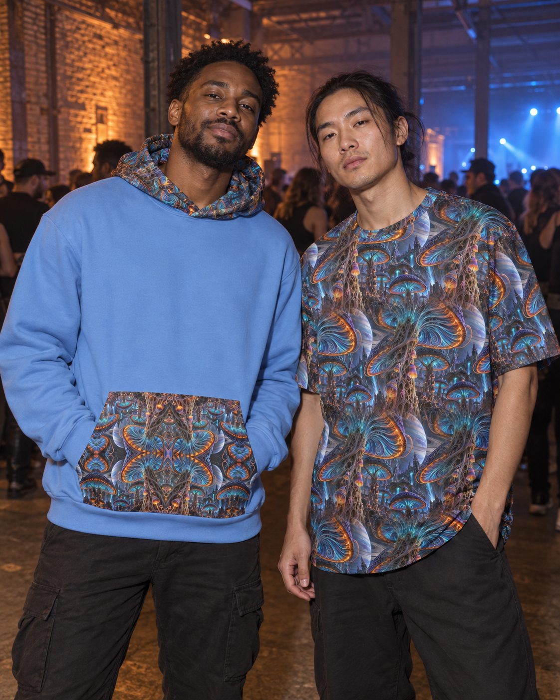 Xenospore Orbit Blue Terrain, oversized tee worn at a night event (AI lifestyle visualization)