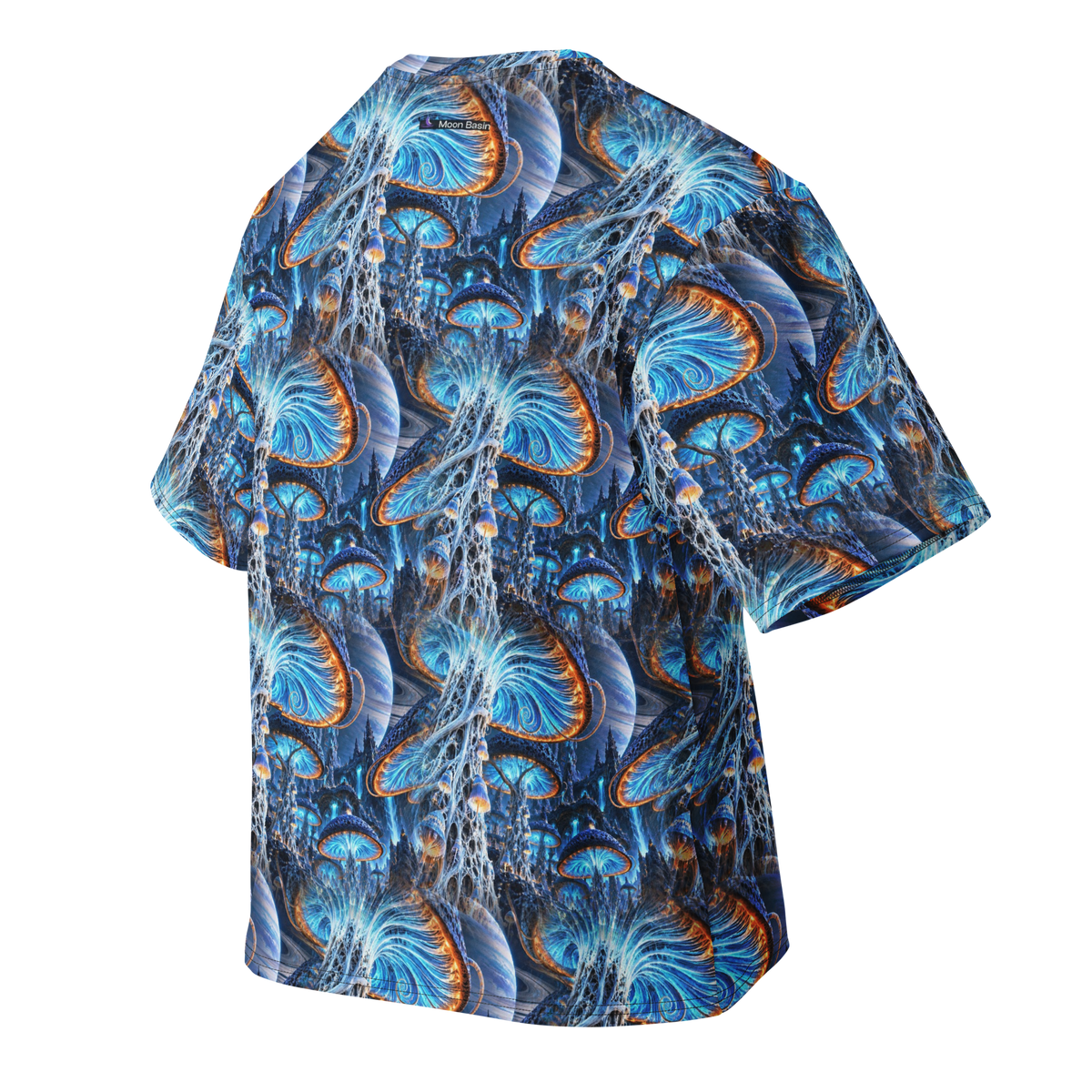 Xenospore Orbit Cyan Terrain all-over print oversized tee, back with Moon Basin nape mark