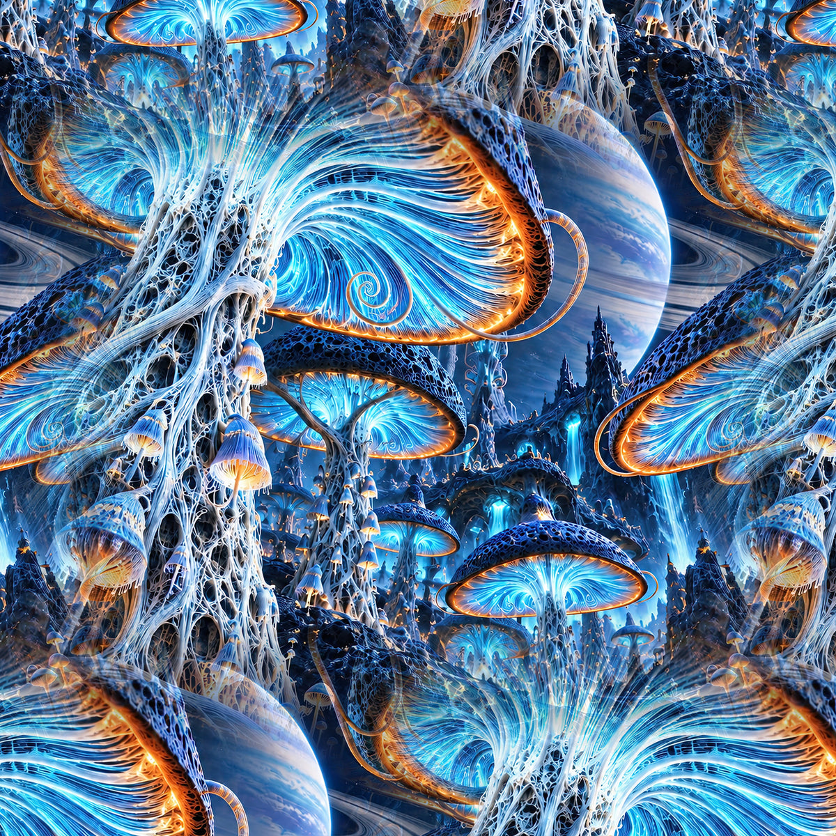 Xenospore Orbit Cyan Terrain all-over print oversized tee fabric close-up