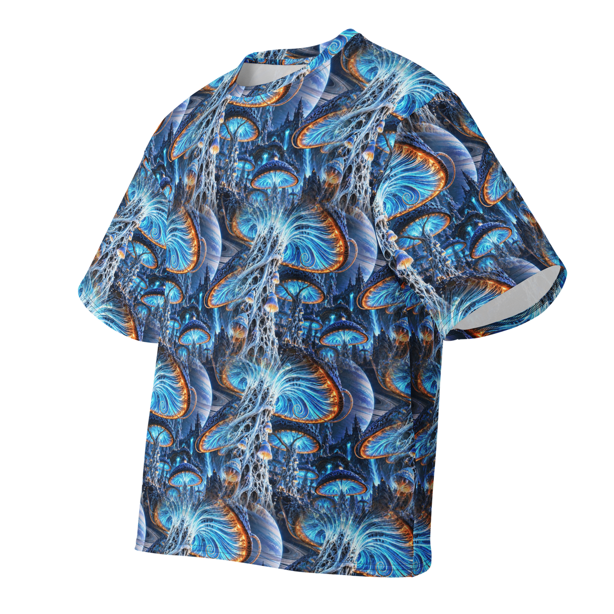 Xenospore Orbit Cyan Terrain all-over print oversized tee, front