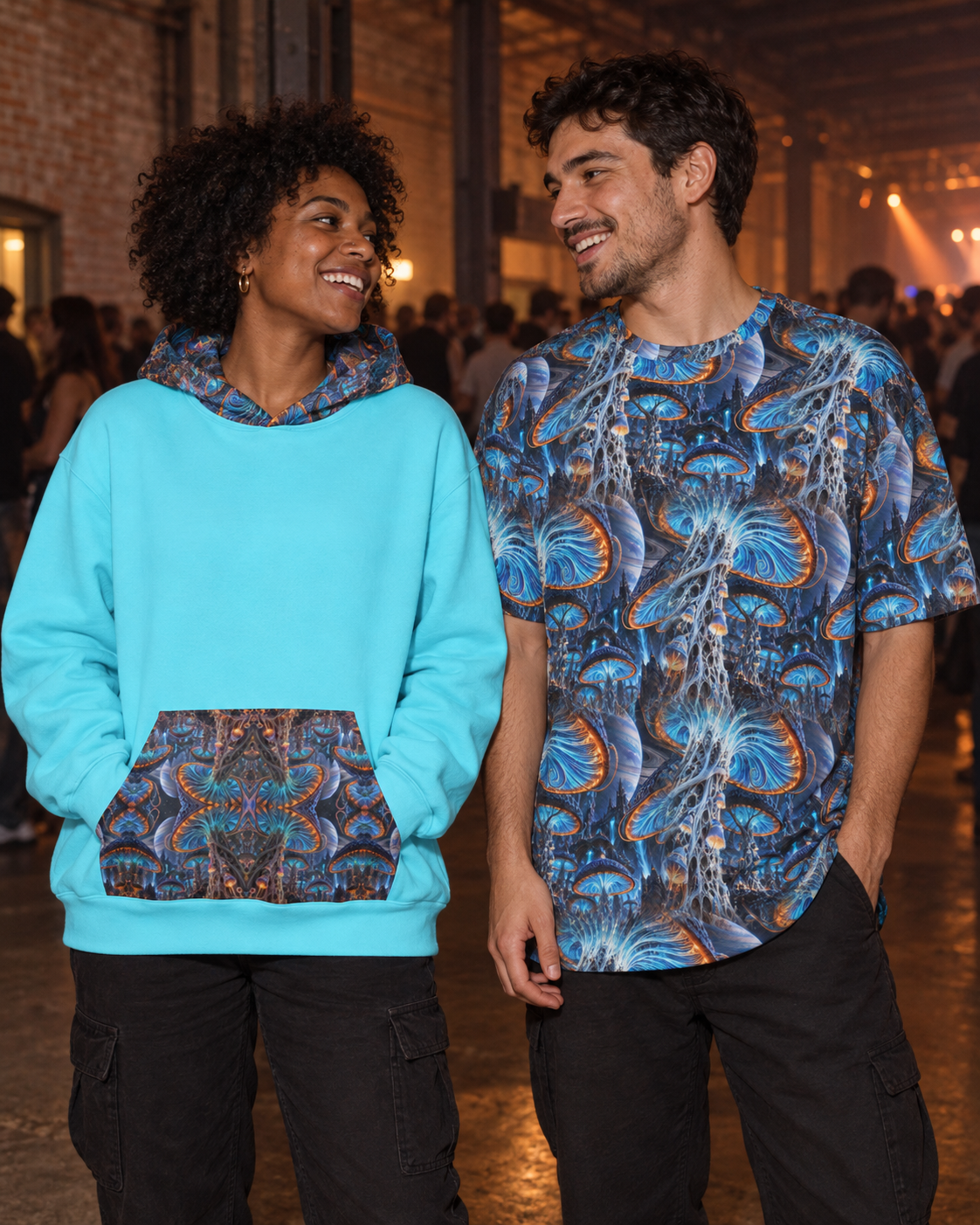 Xenospore Orbit Cyan Terrain Hoodie, oversized hoodie worn at a night event (AI lifestyle visualization)