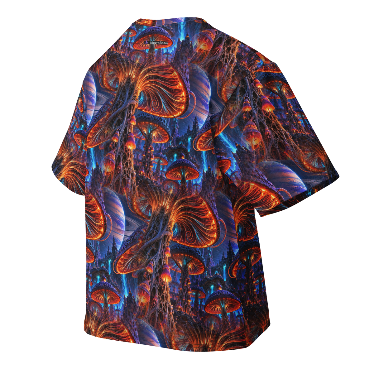 Xenospore Orbit Orange Terrain all-over print oversized tee, back with Moon Basin nape mark
