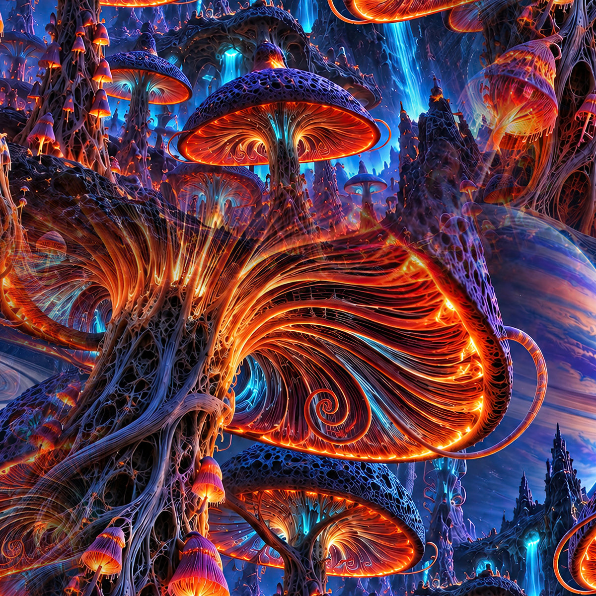 Xenospore Orbit Orange Terrain all-over print oversized tee fabric close-up