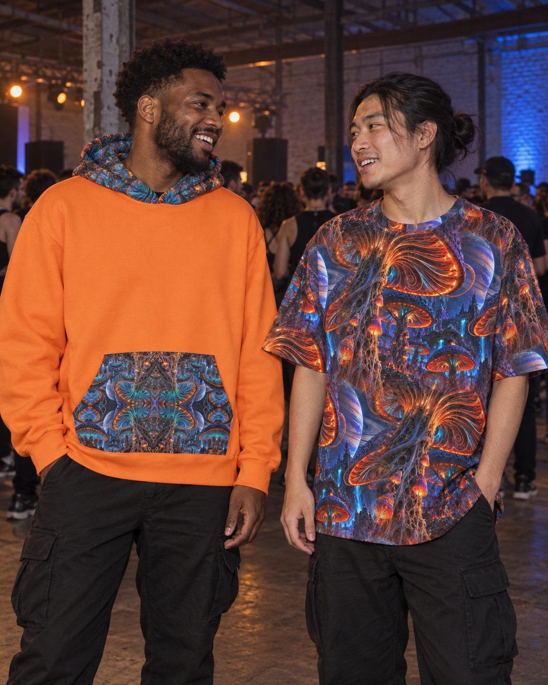Xenospore Orbit Orange Terrain, oversized tee worn at a night event (AI lifestyle visualization)